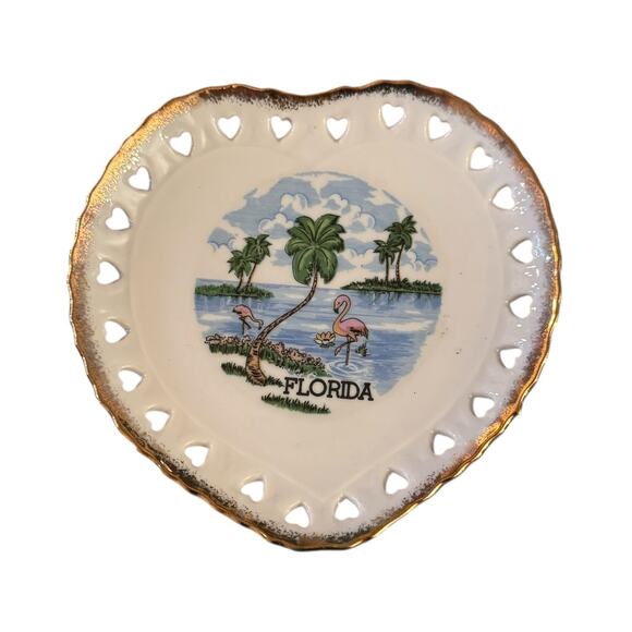2 Vintage Heart Shaped Florida Flamingo Palm Tree Souvenir Plate Trinket Dish - Picture 2 of 4